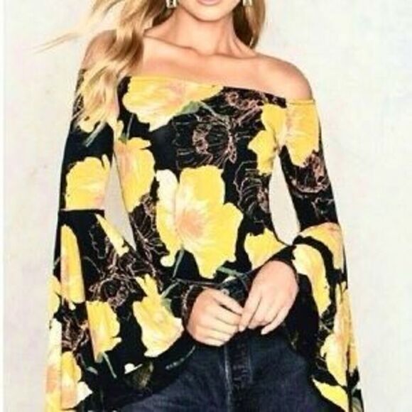 Free People Floral Birds of Paradise Off-shoulder Top M Bell Slv Boho Festival - Picture 13 of 13